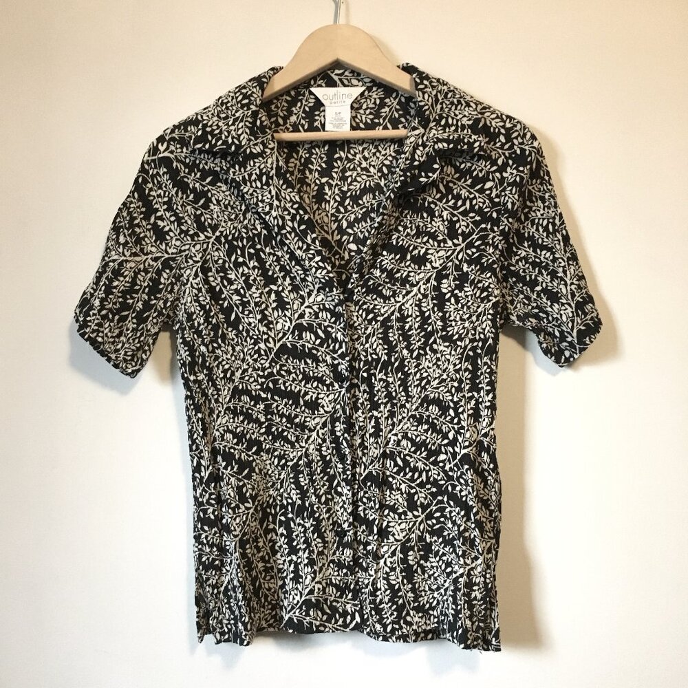 Vintage Outline 90s Crepe Botanical Silhouette Button Down Shirt S